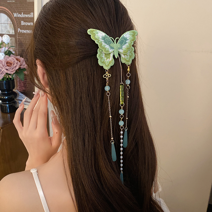 Hanbok Hair Pin - Yeşil İşlemeli Kelebek Saç Klipleri Kadınlar